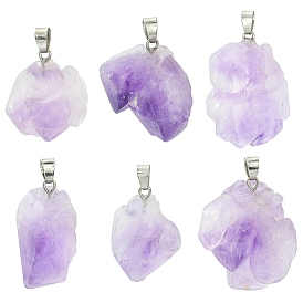 Rough Raw Natural Amethyst Pendants, Nuggets Charms, with Platinum Plated Brass Snap on Bails