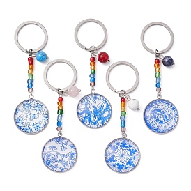 Porte-clés en verre imprimé floral bleu et blanc, avec des perles de pierres précieuses et des perles de rocaille en verre, 304 inoxydable clés anneaux brisés de l'acier, demi-tour / dôme