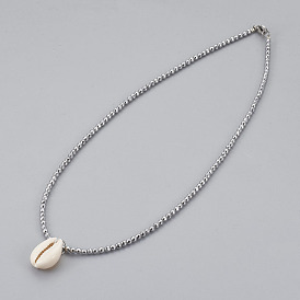 Cowrie Shell Pendant Necklaces, with Electroplate Non-magnetic Hematite Beads and 304 Stainless Steel Lobster Claw Clasps