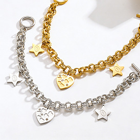 304 Stainless Steel Heart Star Charm Double Ring Link Chain Bracelets for Women with OT Clasps