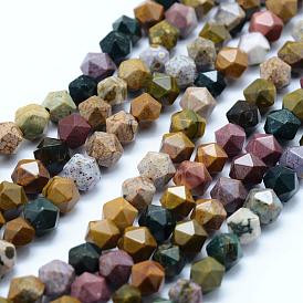 Natural Ocean Jasper Beads Strands, Star Cut Round Beads, Faceted