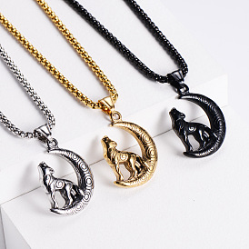 Stainless Steel Wolf with Moon Pendant Necklaces for Men