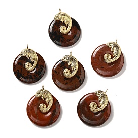 Natural Mahogany Obsidian/Red Jasper Donut Pendants, Ion Plating(IP) 304 Stainless Steel Lizard Charms, Golden