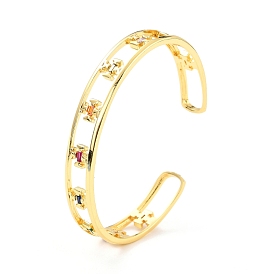 Cross Hollow Carved Cubic Zirconia Cuff Bangle, Real 18K Gold Plated Brass Flat Open Bangle for Women, Cadmium Free & Lead Free