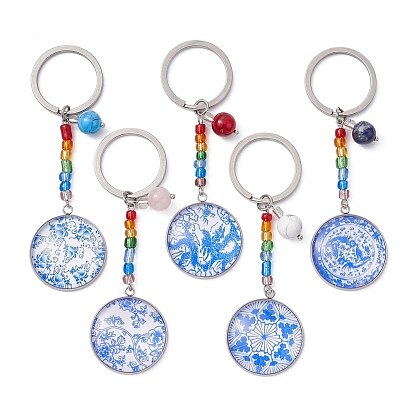 Blue and White Floral Printed Glass Keychains, with Gemstone Beads and Glass Seed Beads, 304 Stainless Steel Split Key Rings, Half Round/Dome