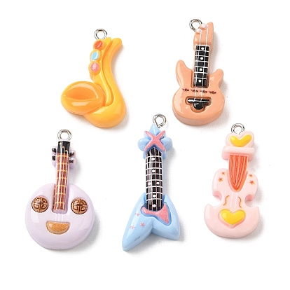 Colgantes de resina opaca impresa con forma de instrumento musical, encanto de formas mixtas, con aro de hierro en tono platino