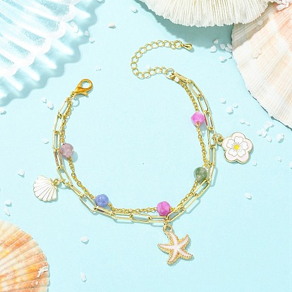 Brass Paperclip Chain & Natural Multicolor Tourmaline Beads Double Layers Bracelets, Alloy Charm Bracelets for Women, Flower & Shell Shape & Starfish