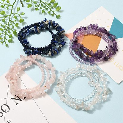 Three Loops Stretch Wrap Bracelets, with Natural Gemstone Beads, Round & Chip