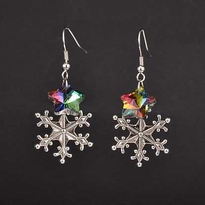 Christmas Alloy Snowflake Dangle Earrings, with Star Electroplated Glass Beads and Brass Earring Hooks, 50mm, Pin: 0.7mm