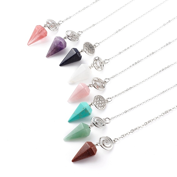 Chakra Theme, Natural & Synthetic Gemstone Cone Dowsing Pendulum Pendant Keychain, with 304 Stainless Steel Split Key Rings