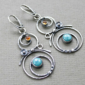 Hollow Blue Natural Stone Earrings with Silver Pendant - Vintage, Handmade, Bohemian.