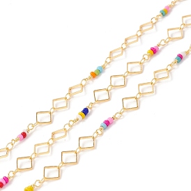 Handmade Brass Link Chains, with Glass Seed Beads, Rhombus, Long-Lasting Plated, Soldered, with Spool, Lead Free & Cadmium Free, Golden