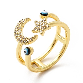 Enamel Evil Eye & Cubic Zirconia Moon Star Open Cuff Ring, Brass Jewelry for Women