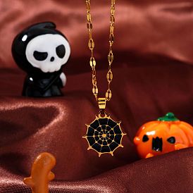 Halloween Stainless Steel Enamel Pendant Necklaces, with Golden Plated Dapped Chains for Unisex, Spider Web