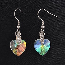 Сердце 304 из нержавеющей стали стеклянные болтаться серьги, с латунной фурнитурой со стразами, 40 мм, штифты : 0.8 мм