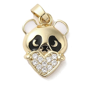 Brass Micro Pave Clear Cubic Zirconia Pendants, with Enamel, Long-Lasting Plated, Panda with Heart