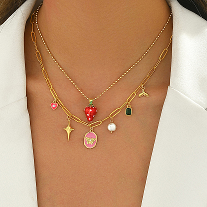 Милые и нежные латунные ожерелья с подвеской в виде бабочки и сердца из кубического циркония из клубники на каждый день, золотые