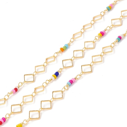 Handmade Brass Link Chains, with Glass Seed Beads, Rhombus, Long-Lasting Plated, Soldered, with Spool, Lead Free & Cadmium Free, Golden