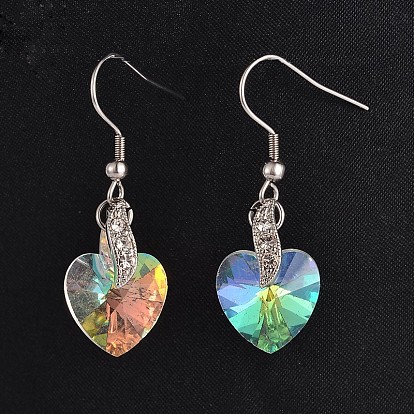 Heart 304 Stainless Steel Glass Dangle Earrings, with Brass Rhinestone Findings, 40mm, Pin: 0.8mm