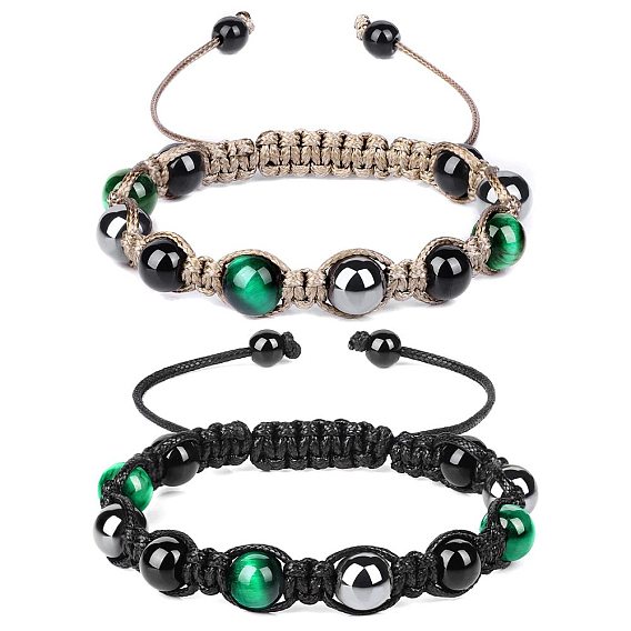 Плетеные браслеты из бисера, вощеной полиэфирным кордом, тигровый глаз, черного обсидиана