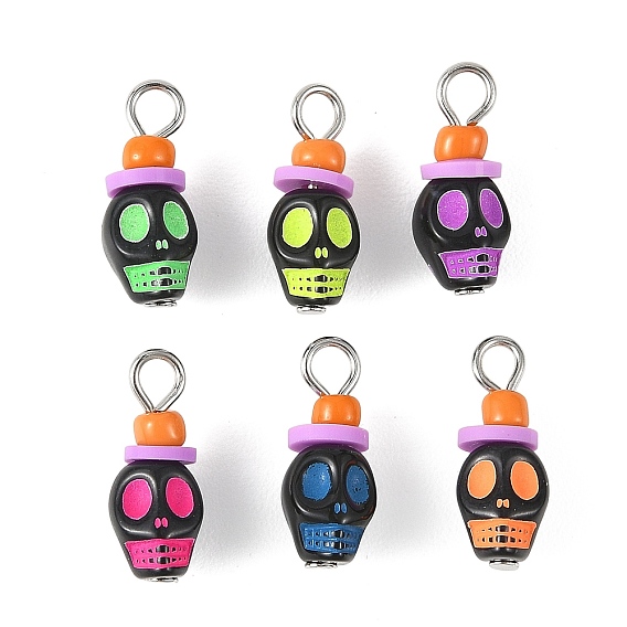 Opaque Acrylic & Handmade Polymer Clay Pendants, Skull Charms, Mixed Color