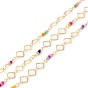 Handmade Brass Link Chains, with Glass Seed Beads, Rhombus, Long-Lasting Plated, Soldered, with Spool, Lead Free & Cadmium Free, Golden