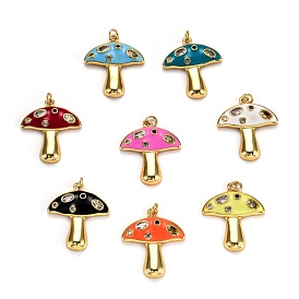 Autumn Theme Real 18K Gold Plated Brass Micro Pave Cubic Zirconia Pendants, with Enamel and Jump Rings, Long-Lasting Plated, Mushroom