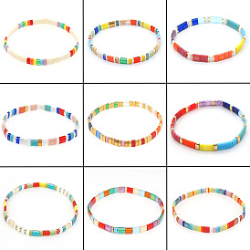 Bohemian Rainbow Glass Flat Double-Hole Bead Striped Women's Stretch Bracelets for Women