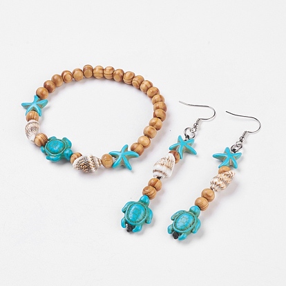 Wood Jewelry Sets, Bracelets & Dangle Earrings, with Dyed Synthetic Turquoise and Spiral Shell, Brass Earring Hooks and Stainless Steel Clasps, Tortoise & Starfish/Sea Stars