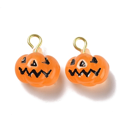 Halloween Pumpkin Opaque Resin Charms, with Light Gold Tone Metal Loops, Pumpkin Jack-O'-Lantern