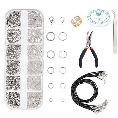 Kits de bijoux diy, en laiton Anneaux, Fermoir mousqueton, fermoirs de homard en alliage de zinc , imitation cordon en cuir, 304 pince à épiler en acier inoxydable et pince à bijoux à nez courbé en acier au carbone