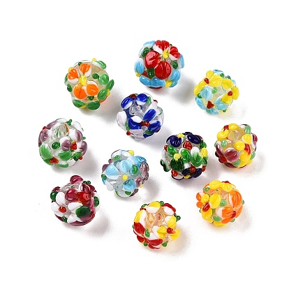 Handmade Two-Tone Lampwork Beads, Round with Flower Pattern
