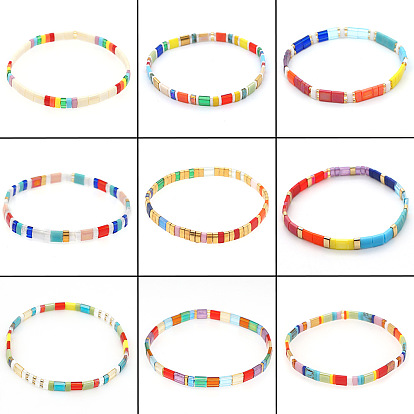 Bracelets extensibles bohèmes à rayures en verre arc-en-ciel plat à double trou pour femmes