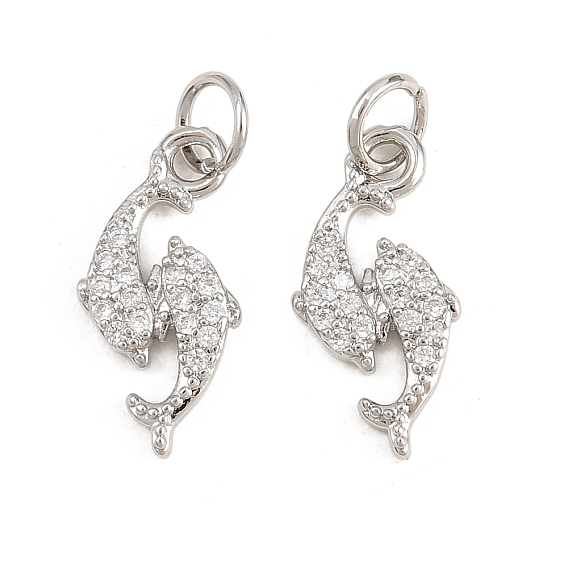 Rack Plating Brass Micro Pave Cubic Zirconia Pendants, Lead Free & Cadmium Free, Dolphin