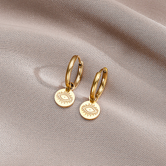 304 Stainless Steel Hoop Earrings, Flat Round with Evil Eye