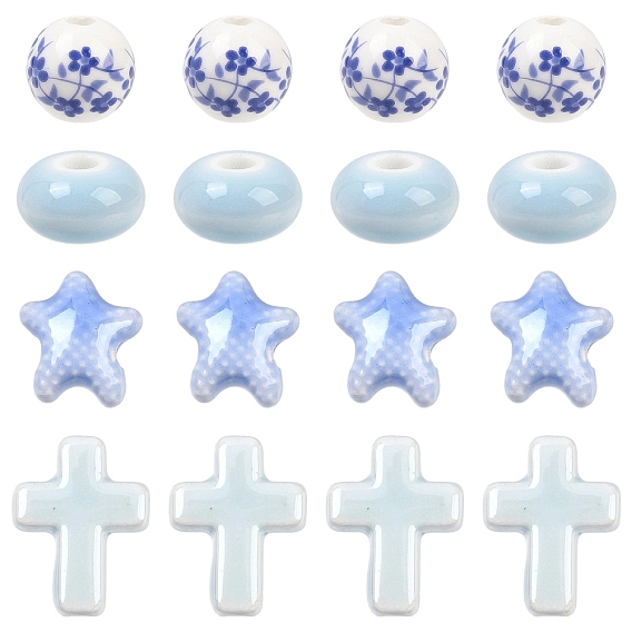 20Pcs 4 Styles Handmade Flower Printed Porcelain Ceramic Beads Strands, Mixed Shape