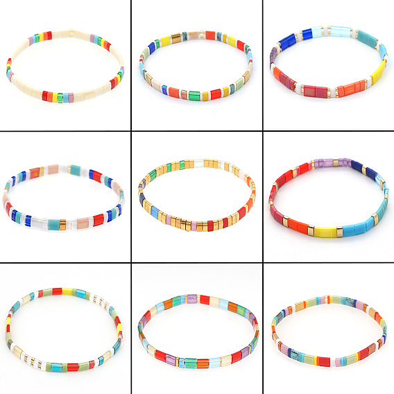 Bracelets extensibles bohèmes à rayures en verre arc-en-ciel plat à double trou pour femmes