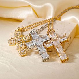 Brass Shiny Clear Cubic Zirconia Cross Pendant Necklaces Fashionable and Versatile