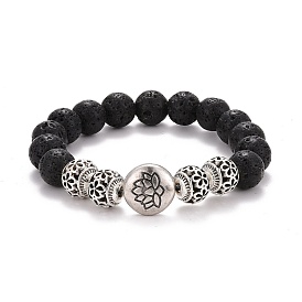 Natural Lava Rock Round Beads Essential Oil Anxiety Aromatherapy Stretch Bracelet for Girl Women Gift, Lotus Alloy Beads Bracelet, Antique Silver