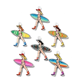 Printed Alloy Pendants, Surfer Girl with Surfboard Charms