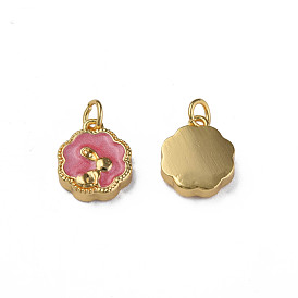 Brass Enamel Charms, with Jump Rings, Nickel Free, Real 18K Gold Plated, Flower with Rabbit