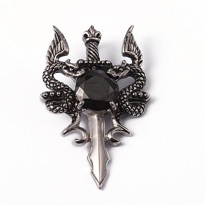 316 l хирургические подвески из нержавеющей стали, со стразами, меч с драконом, 45x28x7 мм, отверстие : 6x5 мм