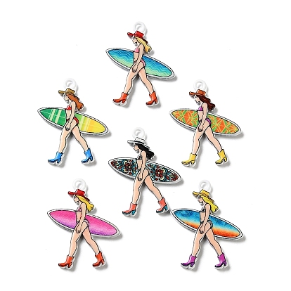 Printed Alloy Pendants, Surfer Girl with Surfboard Charms