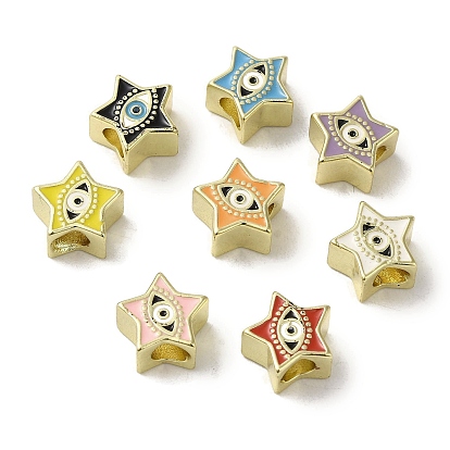 Brass Enamel European Beads, Cadmium Free & Nickel Free & Lead Free, Large Hole Beads, Real 18K Gold Plated, Star with Evil Eye