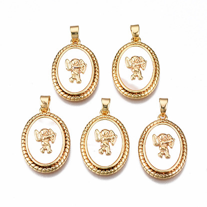 Natural Sea Shell Pendants, with Brass Findings, Nickel Free, Oval with Cupid/Cherub