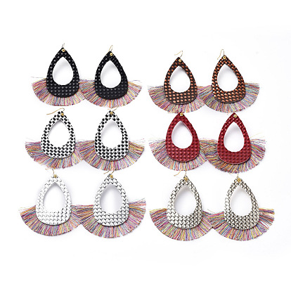 PU Leather Dangle Earrings, with Nylon Tassel and Brass Earring Hooks, Teardrop