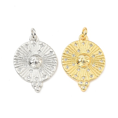 Brass Micro Pave Cubic Zirconia Pendants, Cadmium Free & Lead Free, Flat Round with Human Face, Long-Lasting Plated