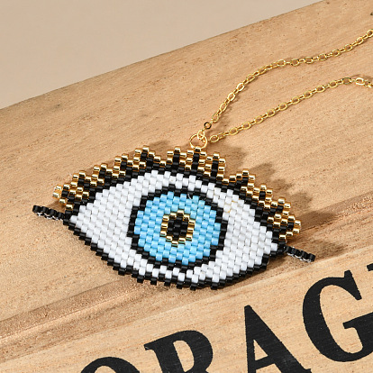Turkish Blue Eye Vintage Pendant Necklace - Bohemian Colorful Beaded Sweater Chain Jewelry.
