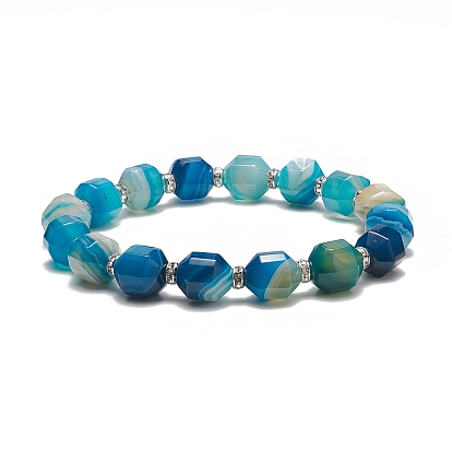 Dyed Natural Agate Beaded Stretch Bracelet with Brass Rhinestone Spacer, Blue Series Bracelets for Women