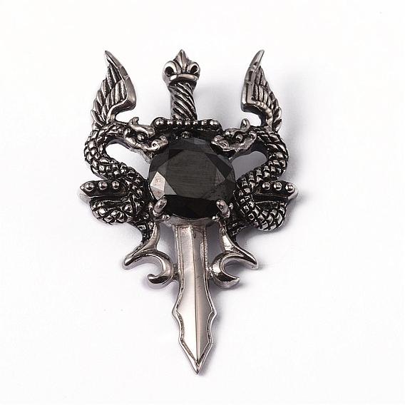 316 l хирургические подвески из нержавеющей стали, со стразами, меч с драконом, 45x28x7 мм, отверстие : 6x5 мм